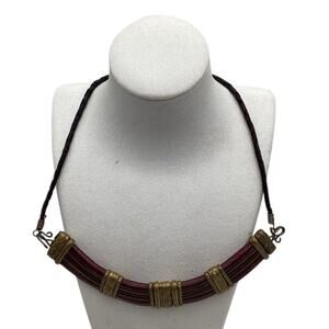 Vintage Tribal‎ Choker Necklace Brown Leather with Brass Accents